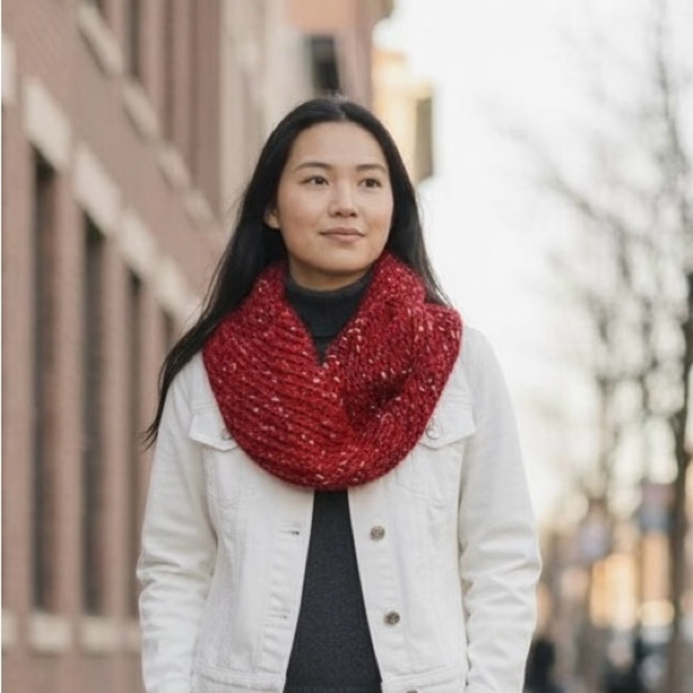 Cowl Scarf Hooded Chunky  Infinity Hand Crafted Red Gold Knit Winter Essential
